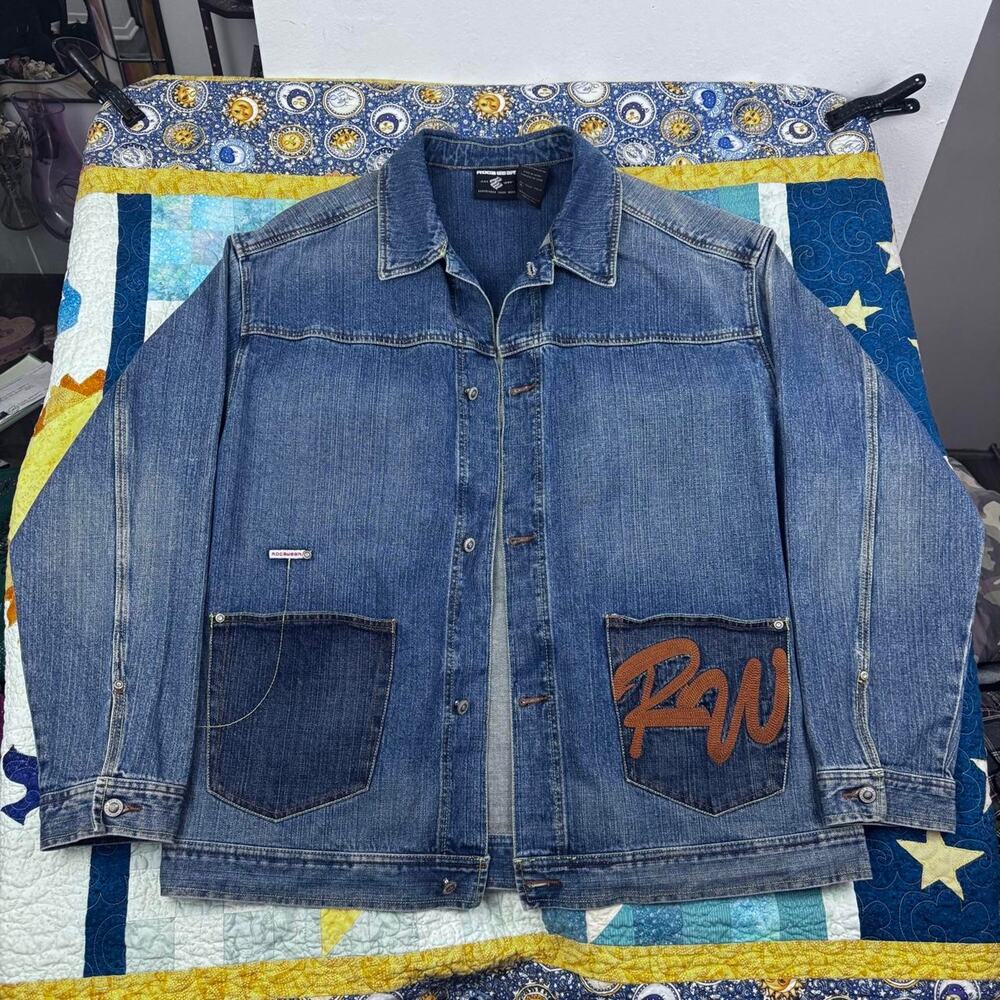 Y2K Vintage Rocawear Indigo Blue Denim Jacket with Orange 'RAW’ Embroidery Patch